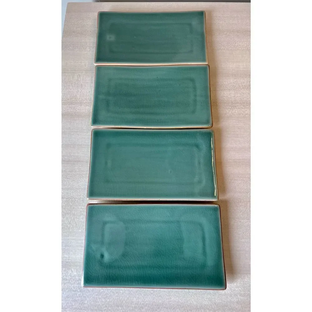 Rectangular Asian Green Crackle Ceramic Sushi Plates Le Gourmet Chef Set Of 4